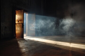 Dusty, light-filled room with an open, rustic door