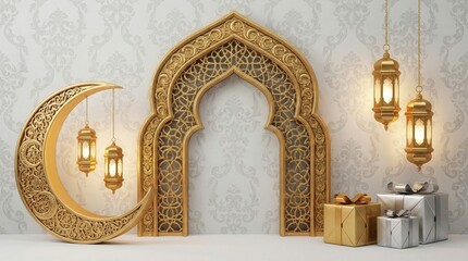 luxury islamic interior decoration with golden arch crescent and lanterns