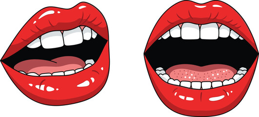 Obraz premium Sexy open female mouth with red lips white teeth and tongue in pop art style vector illustration isolated on white.