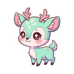 Fototapeta premium Adorable mint green baby deer with pink antlers and sparkling eyes, depicted in a cute kawaii cartoon style, isolated. isolated PNG with Transparent Background