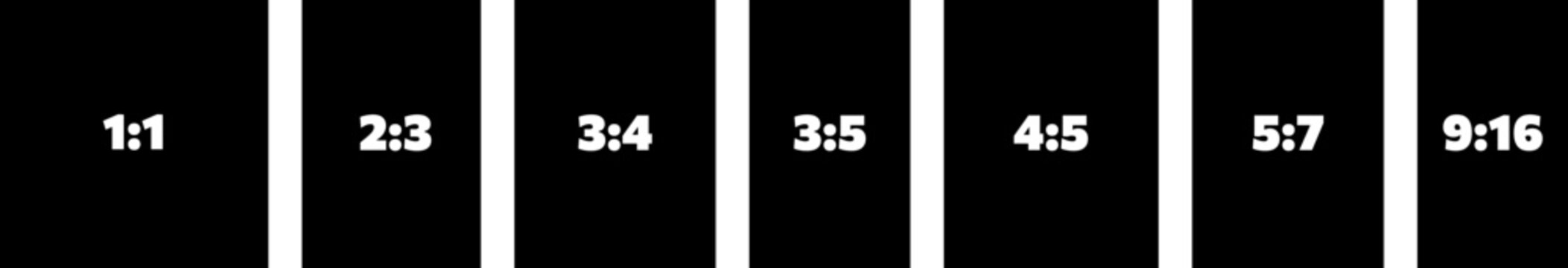 Frame System of standard aspect ratio rectangles 1x1, 2x3, 3x4, 3x5, 4x5, 5x7, 9x16. Clean edge versions for layouts, posters, social media, print sizing and design planning.