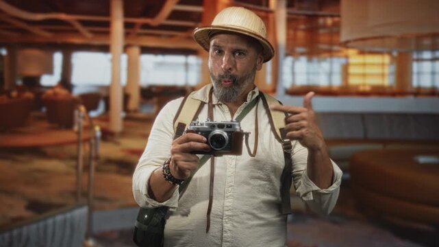 Man points finger to camera while holding vintage camera, wearing backpack and sunhat in a building lounge; curiosity travel exploration leisure.