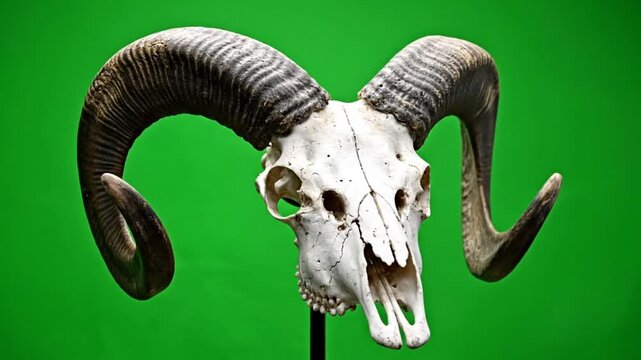 Ram skull on display with massive, curved horns against a vibrant green backdrop, museum artifact