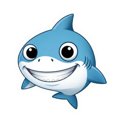 Obraz premium Cute cartoon baby shark with a wide, toothy smile and big black eyes, rendered in a cheerful blue and white color palette, isolated. isolated PNG with Transparent Background