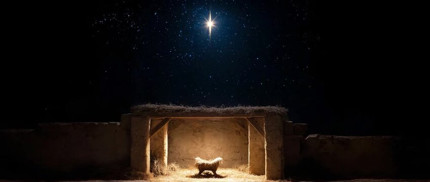 A nativity scene with a solitary dazzling star above an empty manger