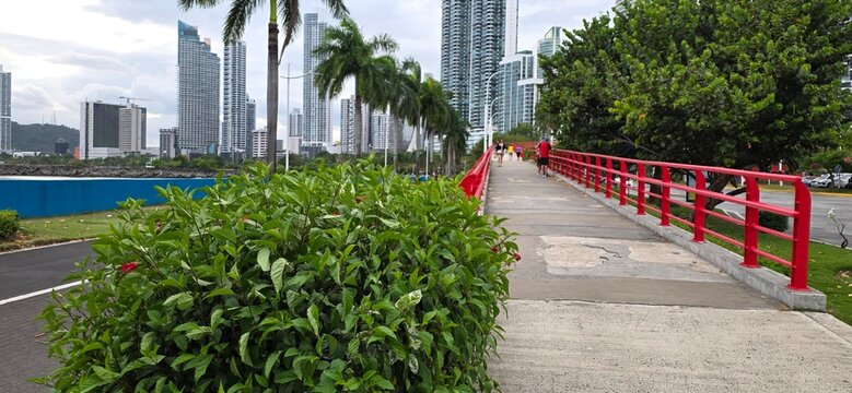 Pedestrian Walkway with Iconic Red Railings at Cinta Costera in Panama City