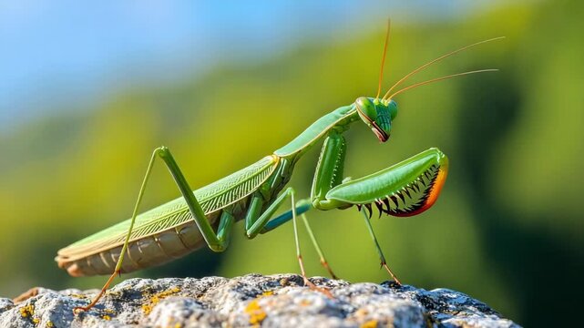 Close-up of a vibrant green praying mantis perched on a rock