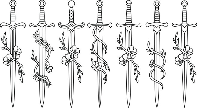 Delicate line art illustration of swords adorned with blooming flowers and winding vines, offering a graceful blend of strength and nature.