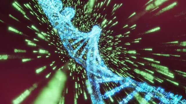 Abstract rendering of a luminous blue DNA strand exploding with green data against a dark red backdrop