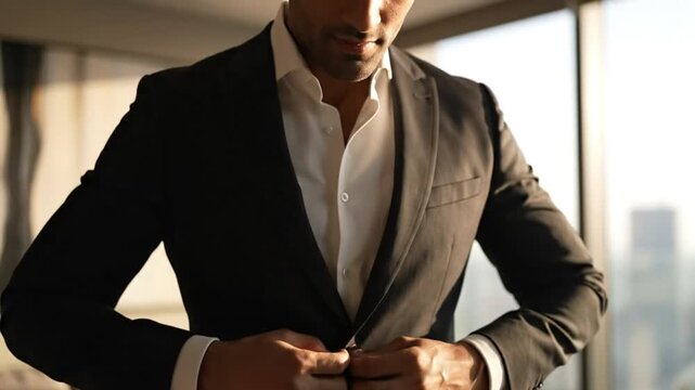 Handsome man in a black suit buttoning his jacket, ready for business in a modern apartment with a city view