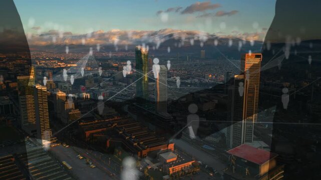 Dawn City Skyline With Human Icons And Data Nodes Floating Above Downtown Towers, Soft Sunrise Glow