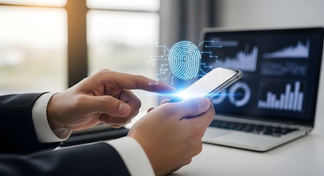 Close up of man using smartphone for fingerprint security at desk