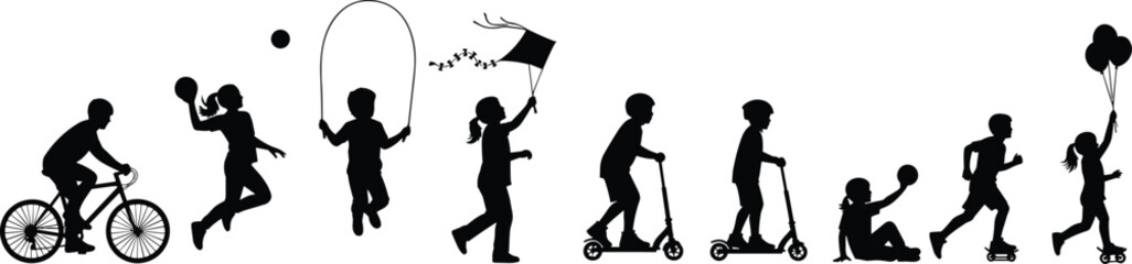 Children icon silhouettes in outdoor activities, riding bicycle, playing ball, jumping rope, flying kite, scooter, roller skating, balloons, joyful childhood fun