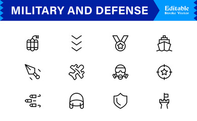 Obraz premium Military and Defense Line Icon Set: Professional, Modern, and Minimal Outline Symbols for Strategic Operations