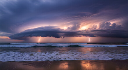 Dramatic stormy beach scene with lightning illuminating dark clouds at sunset
