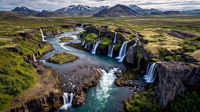 River with multiple waterfalls in mountainous landscape