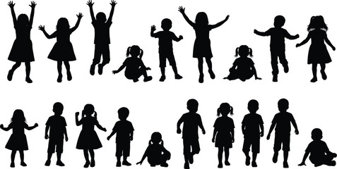 Fototapeta premium Children silhouettes in playful poses, standing, sitting, dancing, walking vector illustration for childhood, group activity, education, artistic themes