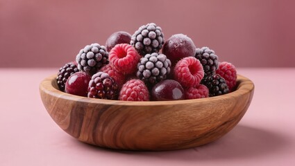 Frozen Berries Piled In Wooden Bowl On Soft Pink Backdrop, Rustic Breakfast Or Pantry Scene With Raspberries And Blueberries, Chef Or Stylist Presenting Wholesome Bowl For Recipe Hero