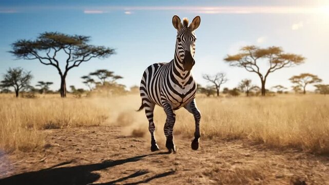 Graceful Zebra Gallops Across the Savanna Under a Bright African Sun with Scenic Landscape