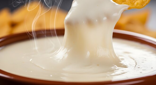 Melted Queso Blanco Smooth White Cheese Dip With Tortilla Chip, Creamy Mexican Sauce Texture Background, Hot Appetizer Comfort Food Concept For Nachos Macro Closeup
