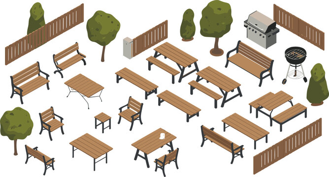 Isometric park furniture set, wooden benches, picnic tables, barbecue grill, trees, fences, outdoor elements, urban garden illustration isolated