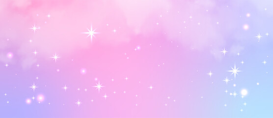 Soft pastel pink lavender gradient sky with clouds, sparkling star lights and glowing bokeh blur, abstract fantasy backdrop filled with dream pink glitter sparkle. © Elena