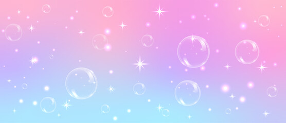 Magical pink and lilac gradient with transparent bubbles, sparkling stars and soft bokeh glow, dreamy fairytale backdrop with dream pink glitter atmosphere. © Elena