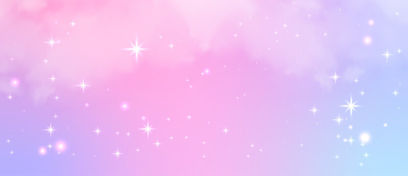 Soft pastel pink lavender gradient sky with clouds, sparkling star lights and glowing bokeh blur, abstract fantasy backdrop filled with dream pink glitter sparkle.