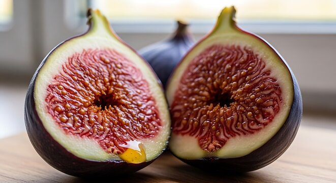 Close up revealing the vibrant textured interior of a freshly halved dark purple fig with sweet golden nectar slowly dripping onto a wooden surface in bright natural daylight
