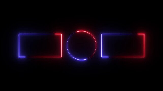 Glowing neon square rectangle picture frame with circle frame icon animation display neon box footage shape round seamless border retro movement.