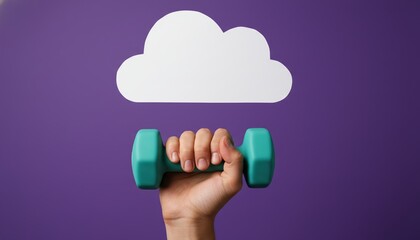 Cloud computing, Dumbbell, Fitness, Health data, Strength, Technology, Purple background. Conceptual image of a hand lifting weight under a digital cloud for data storage.