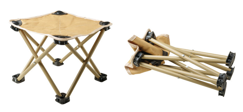 Compact portable folding camping stool with metal frame and fabric seat, shown open and folded, isolated on white background.