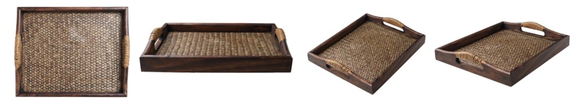 Rectangular woven rattan serving tray with dark wooden frame and side handles, isolated on white background.