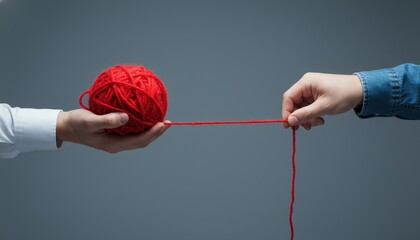 red ball of yarn, connection, partnership, collaboration, networking, communication, red string held by two hands as a metaphor for creative problem solving and business unity.