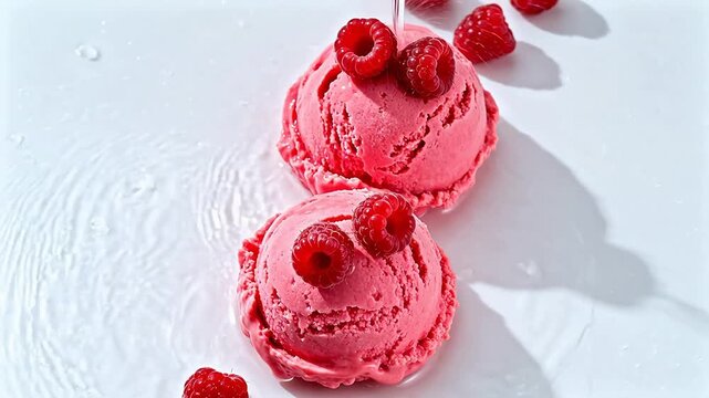 Pink ice cream scoops with raspberries