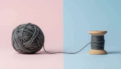 Yarn, wool, spool, thread, knitting, sewing, grey wool ball and wooden bobbin connected on a pastel pink and blue split background for craft, handmade hobby, and textile design.