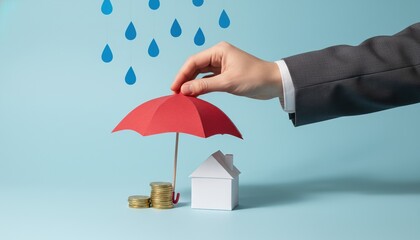Insurance, Home, Protection, Financial, Savings, Security, Investment concept with hand holding a red umbrella over a paper house and gold coins to represent property coverage.