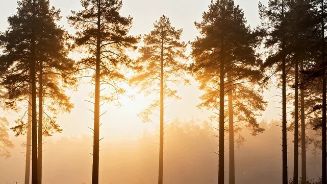 Sunset through tall pine trees