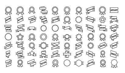 Large ribbon and starburst badge collection minimalist black outline vector illustration