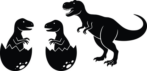 Dinosaur family silhouette vector illustration with parent T rex and baby dinosaurs hatching from eggs, prehistoric artwork design, black graphics © Momotaj