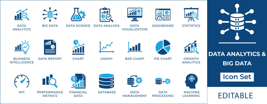 Data analytics and big data icon set featuring data visualization, business intelligence, machine learning, statistics, database management, and performance metrics symbols.