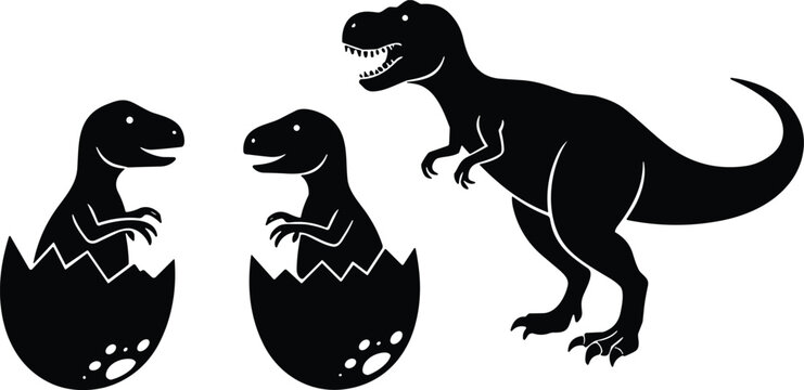 Dinosaur family silhouette vector illustration with parent T rex and baby dinosaurs hatching from eggs, prehistoric artwork design, black graphics