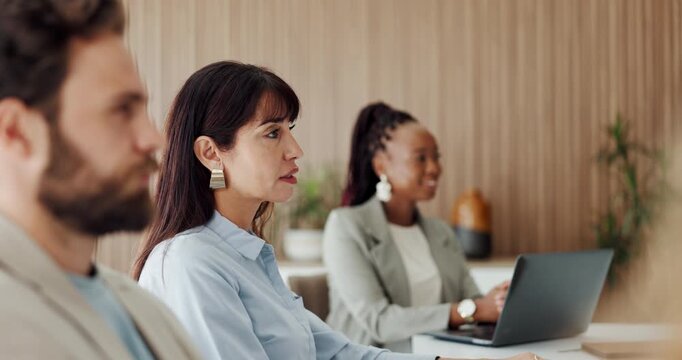 Audience, meeting and workshop with business woman in office for training or upskill development. Attention, listening and presentation with employee people in corporate workplace for company growth