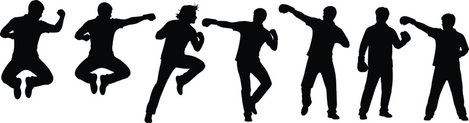 Martial arts silhouettes, boxing poses, dynamic fighting stances, combat sports training, karate kicks, self defense moves, athlete performance illustration © MstAlea