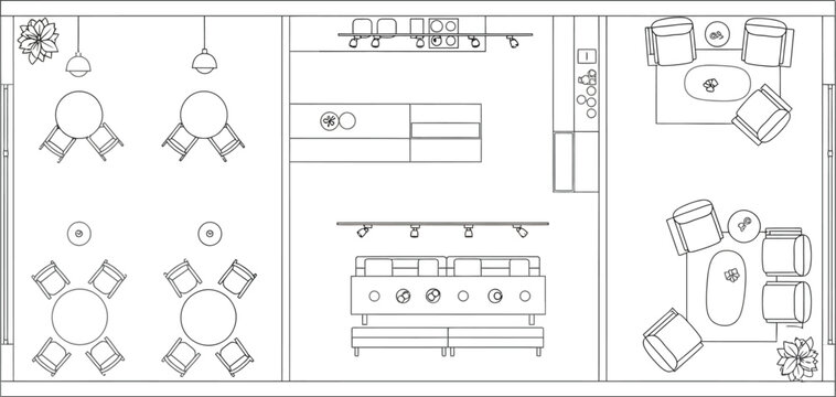 Detailed top-down architectural floor plan drawing illustrating the layout design of a modern cafe seating area and service counter space