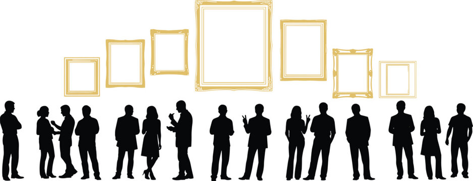 People silhouettes observing empty frames, art gallery exhibition concept, social interaction, artwork appreciation, vector illustration design