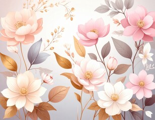 Obraz premium Elegant pastel floral background with soft blossoms golden leaves