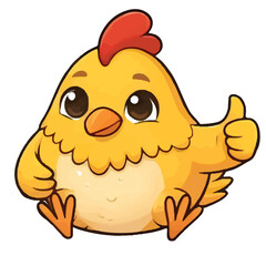 Cute yellow cartoon chicken and chick with an egg in a fun Easter farm illustration