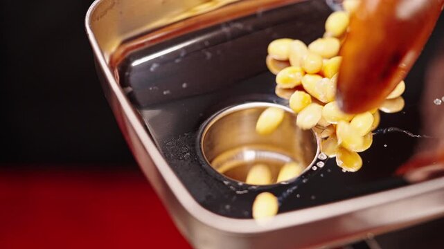Workers are using machinery to make fermented soybean paste.
