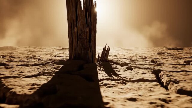 Rough hewn wooden stake driven into desolate, dry ground casting an extremely dramatic long shadow under harsh, apocalyptic atmospheric spotlighting texture, wooden structure, religious concept